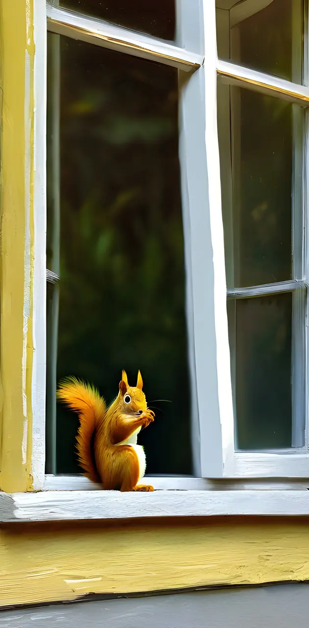 yellow squirrel in a window