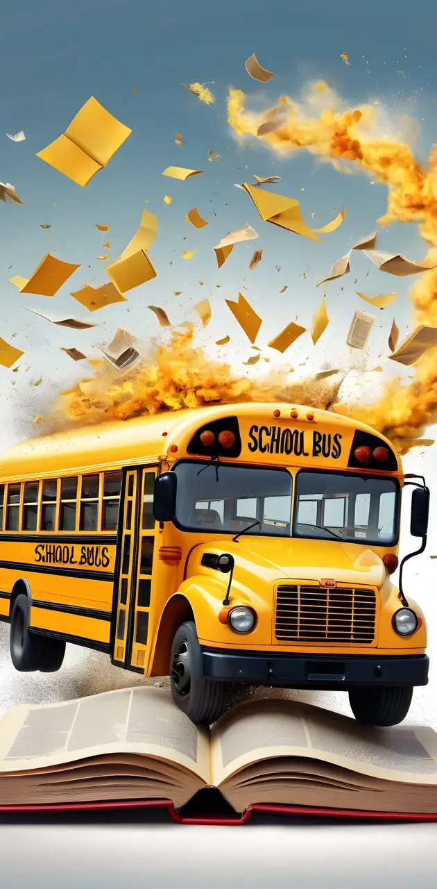 a yellow school bus with a pile of paper flying in the air
