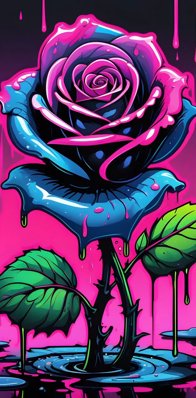 pop art, Magenta and blue heart, dripping rose