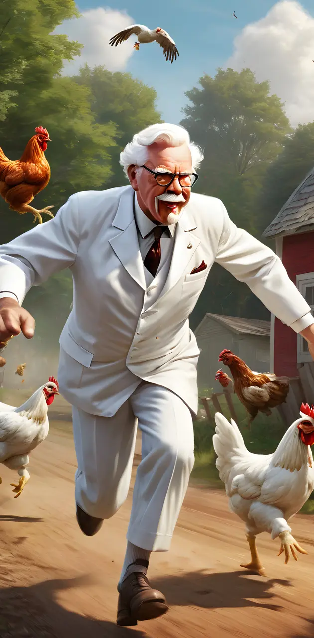 a person in a white suit with chickens on the shoulders