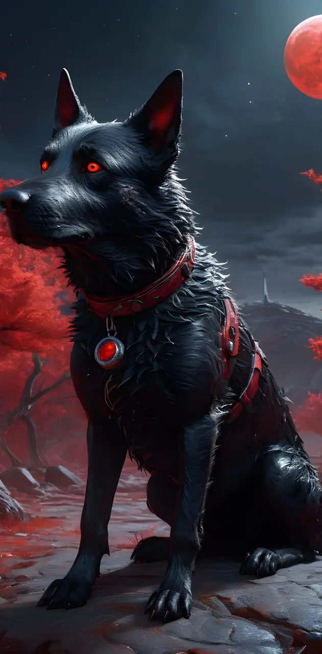 a black dog with red eyes