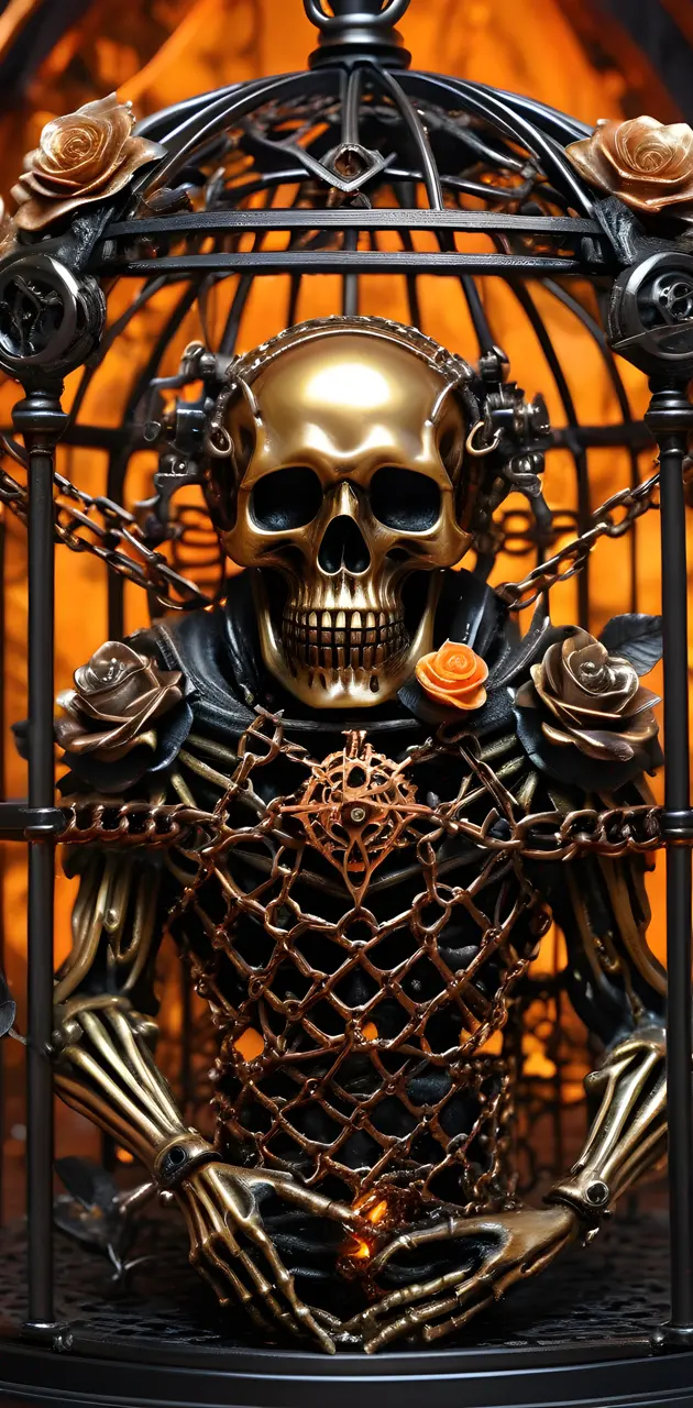 a skeleton in a cage