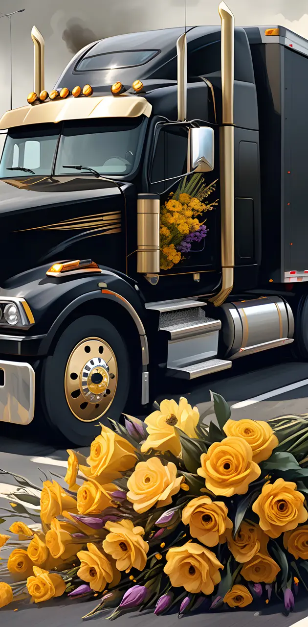 a truck with flowers in front of it