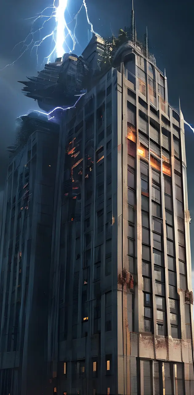 a tall building with a lightning bolt