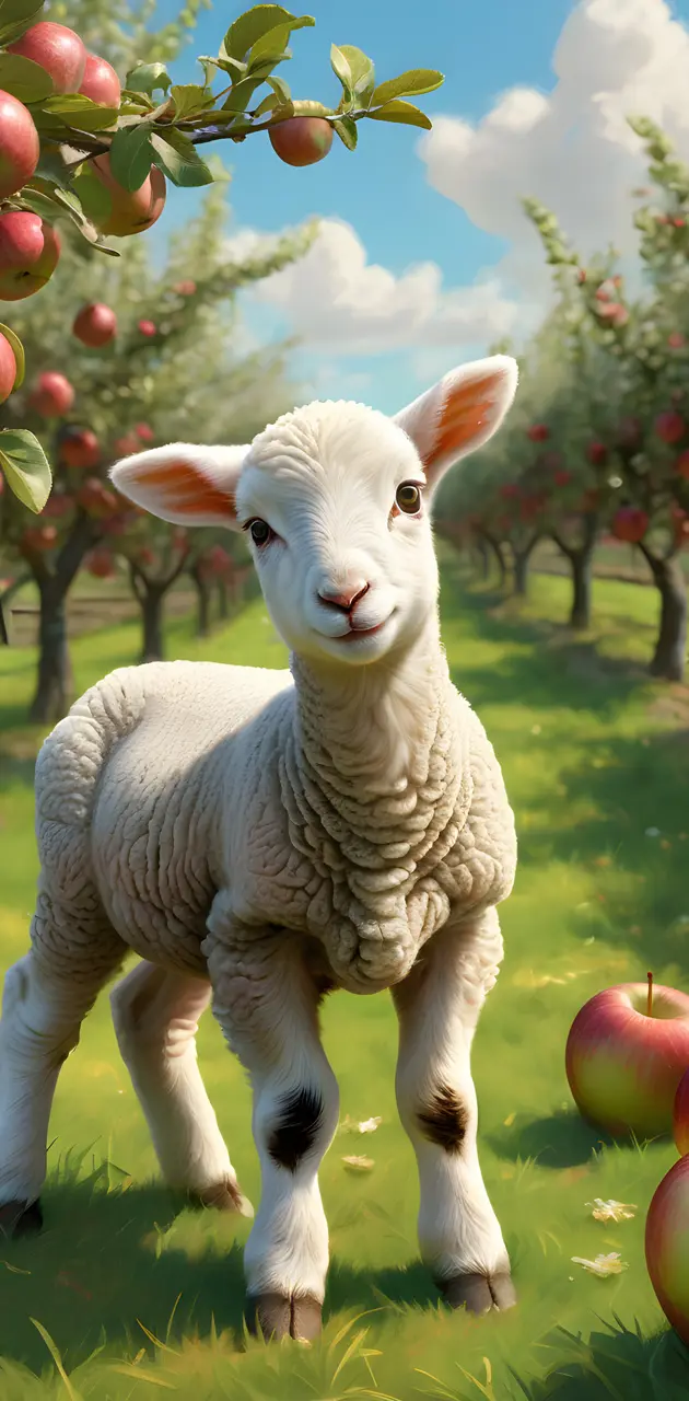 a goat standing in a field with apples on the tree