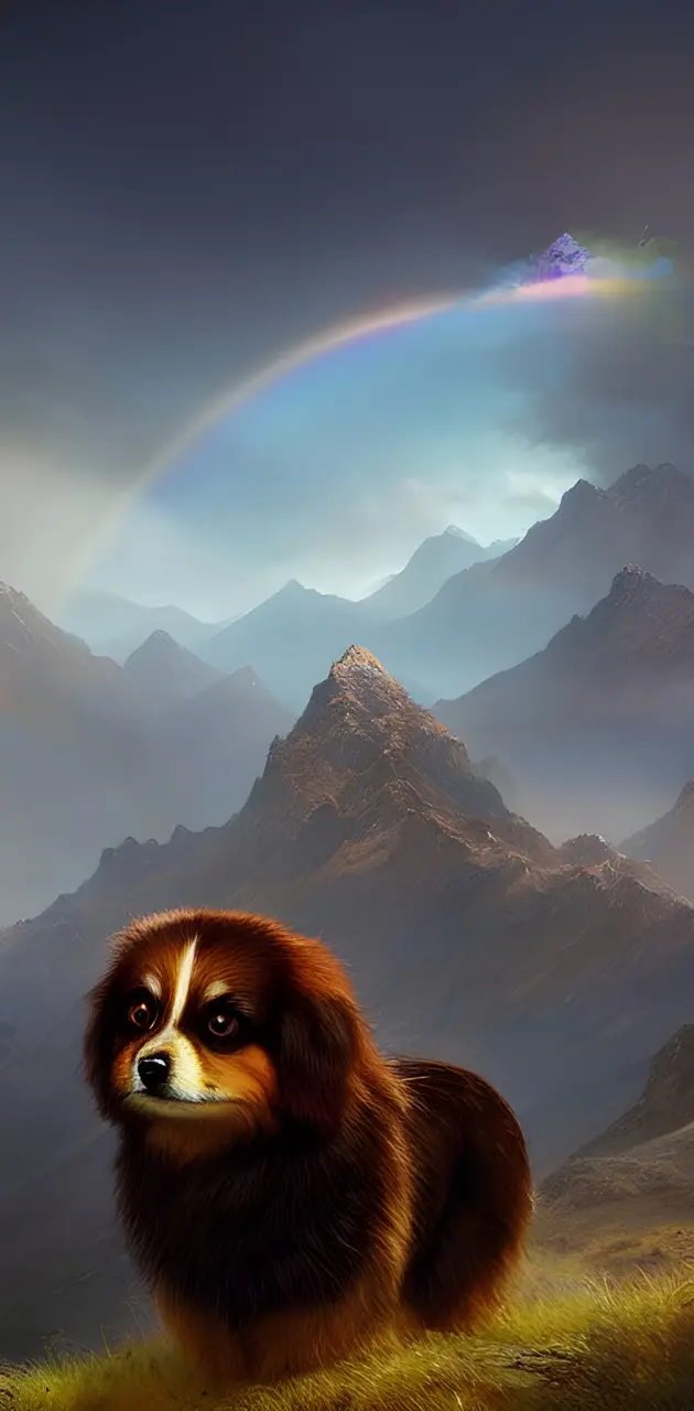 a dog with a rainbow in the background