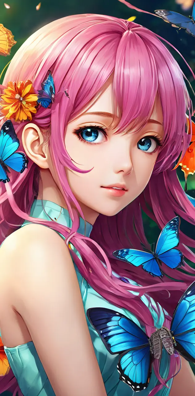 a woman with pink hair and flowers