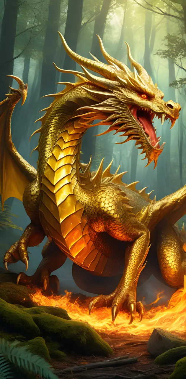 A golden Dragon in a flame forest on a journey named zened