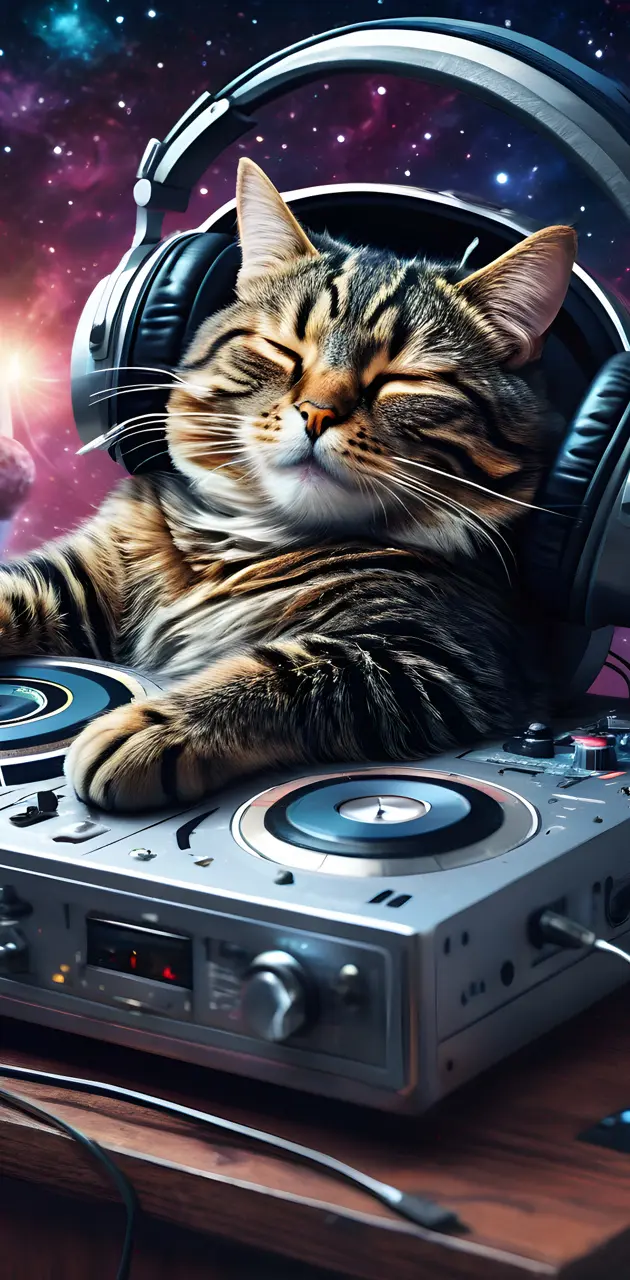 Sleeping DJ cat in space2