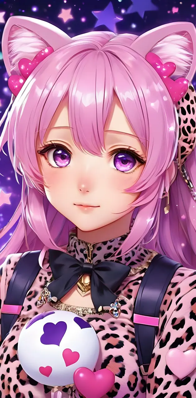 anime girl dressed in cat ears & pink hair