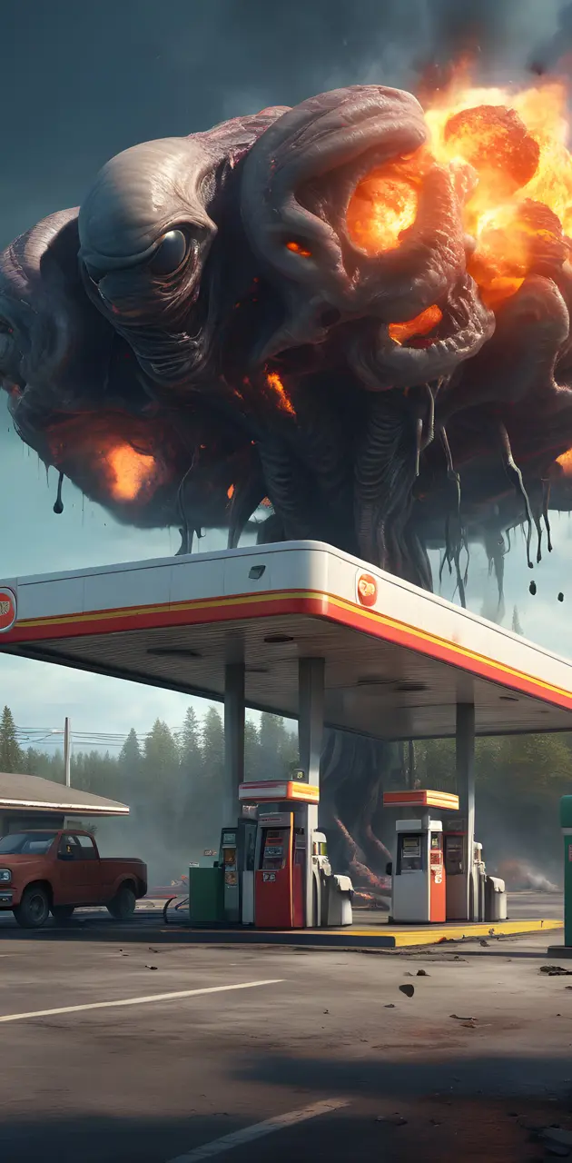 a monster destroying a gas station