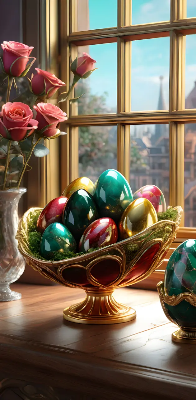 a bowl of colorful eggs/happy easter