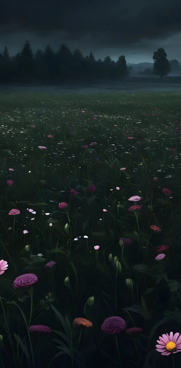dark realistic flower field. AI GENERATED