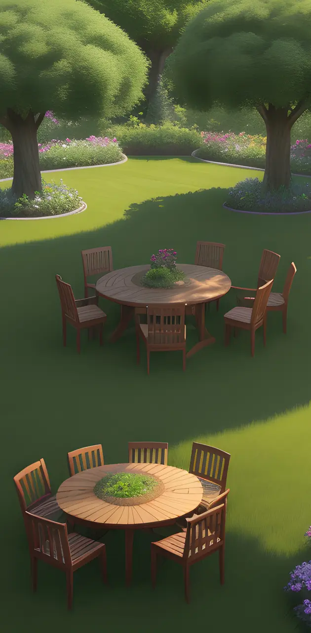 a table and chairs in a yard
