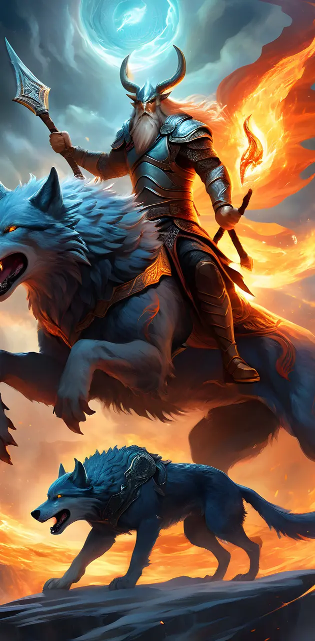 a person riding a horse with a sword and a wolf