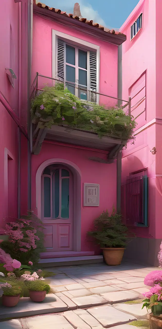a pink house with a balcony