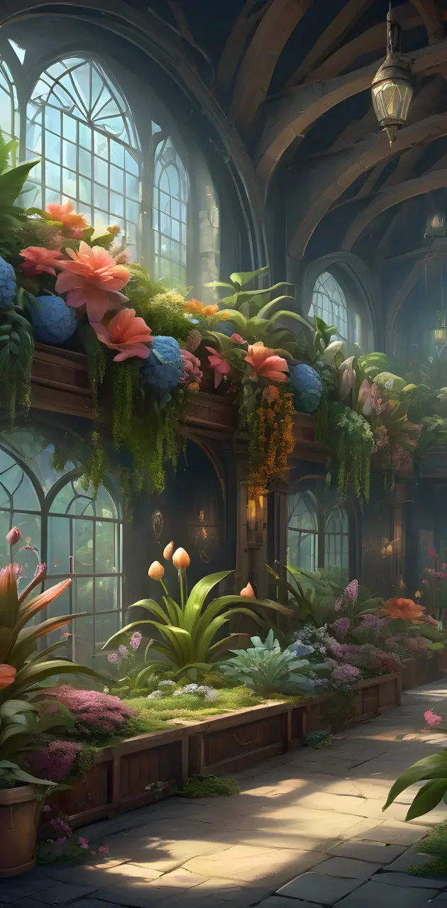 a large room with many plants and flowers in it