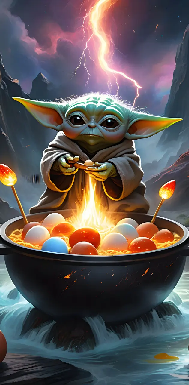 baby Yoda boiling fish eggs