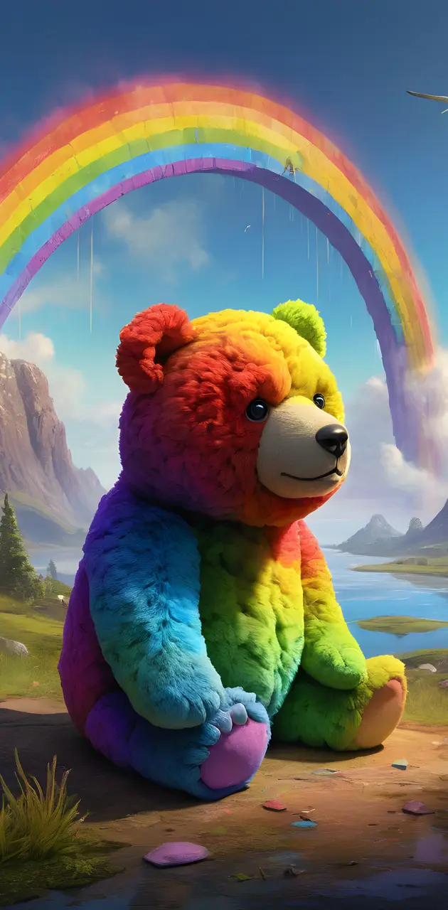 a stuffed animal with a rainbow in the background