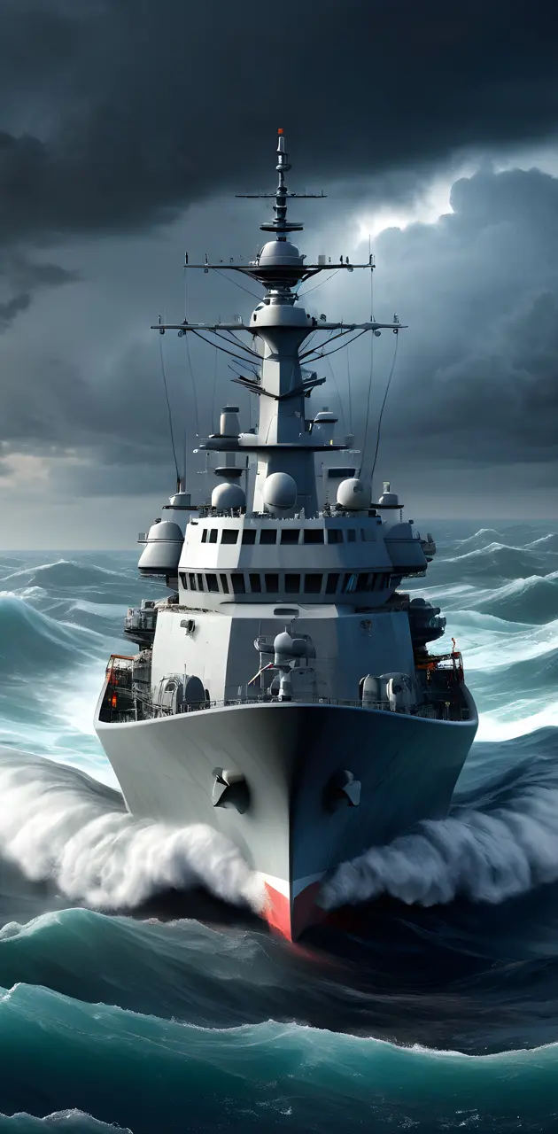 Modern warship in stormy waters