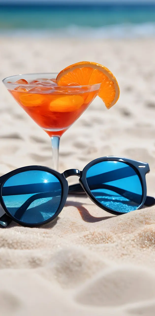 a glass of orange juice and sunglasses on a beach