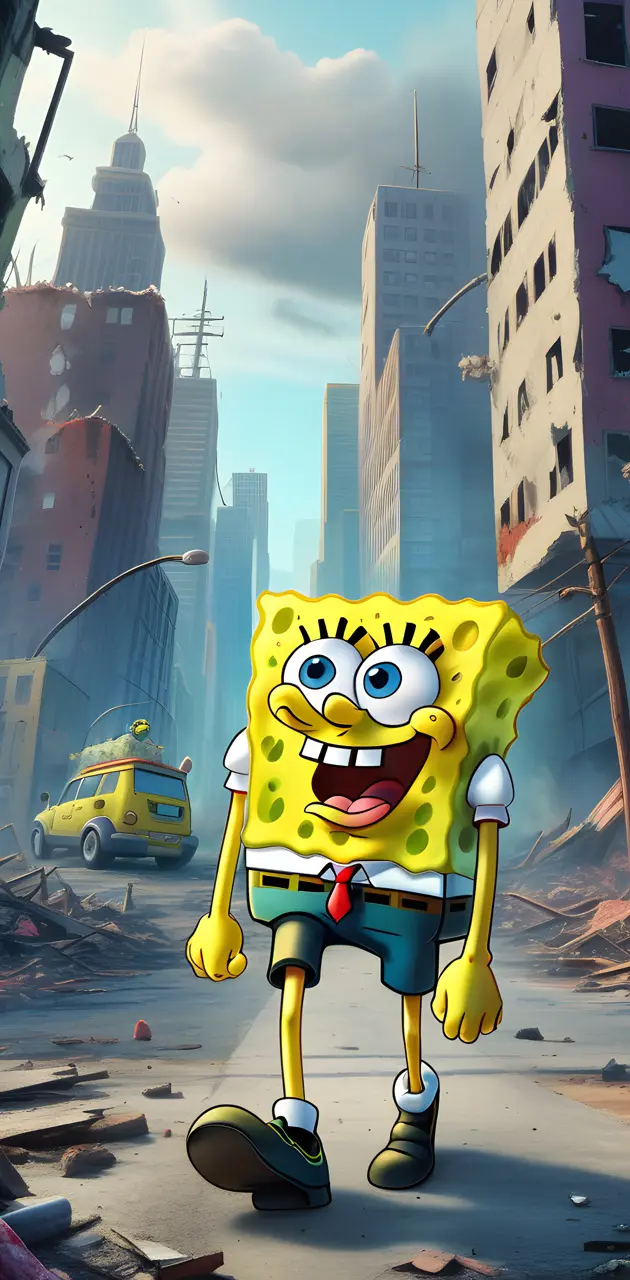 spongebob walking away from his destruction of the city
