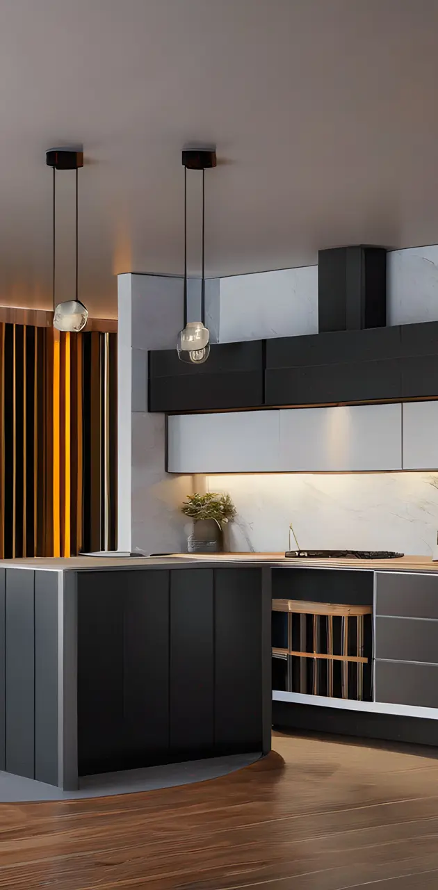 a kitchen with a black countertop