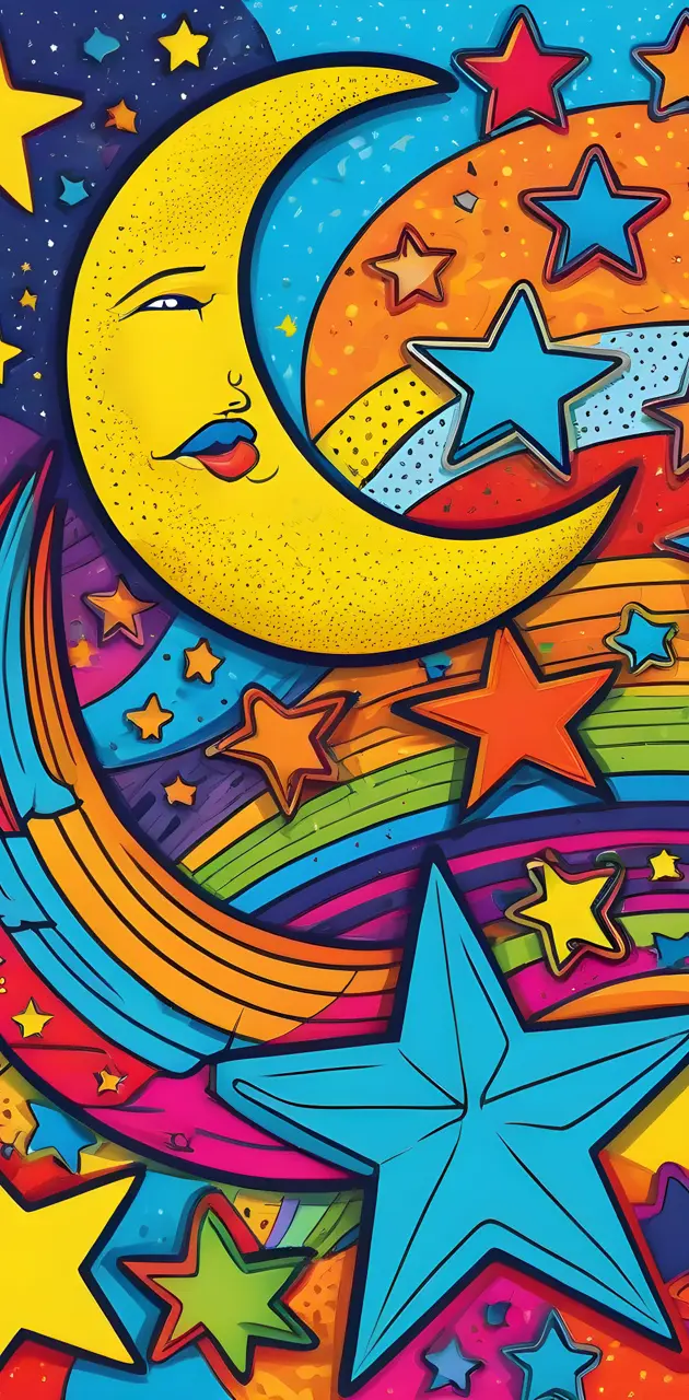 Art Pop, abstract rainbow moon and stars