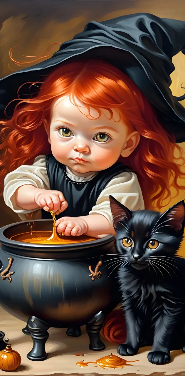 baby witch and cat familiar