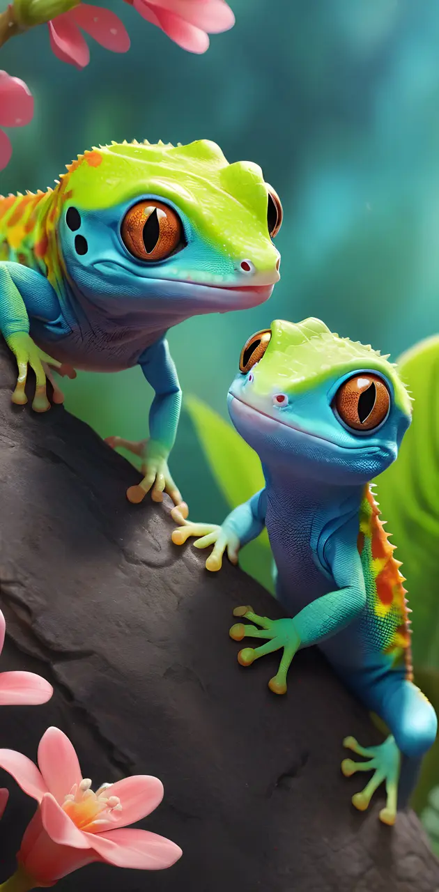 a couple of geckos on a tree branch