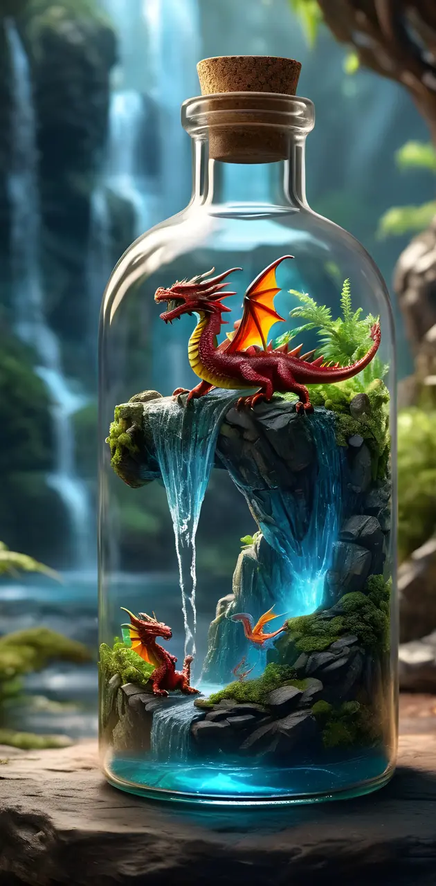 dragons and waterfall inside a bottle