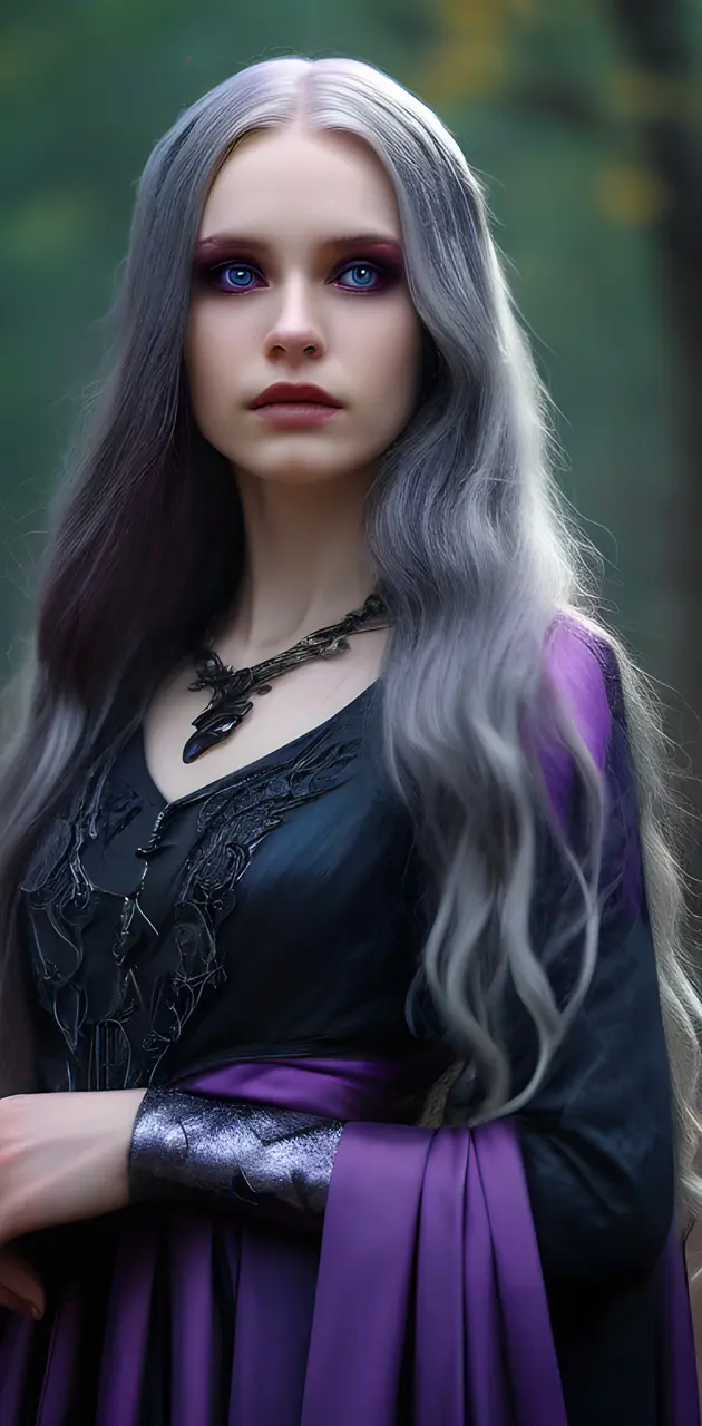 a woman with long hair grey purple dress