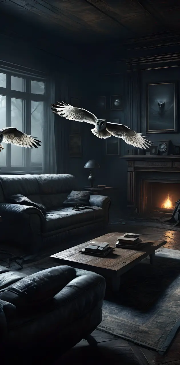 a bird flying over a living room