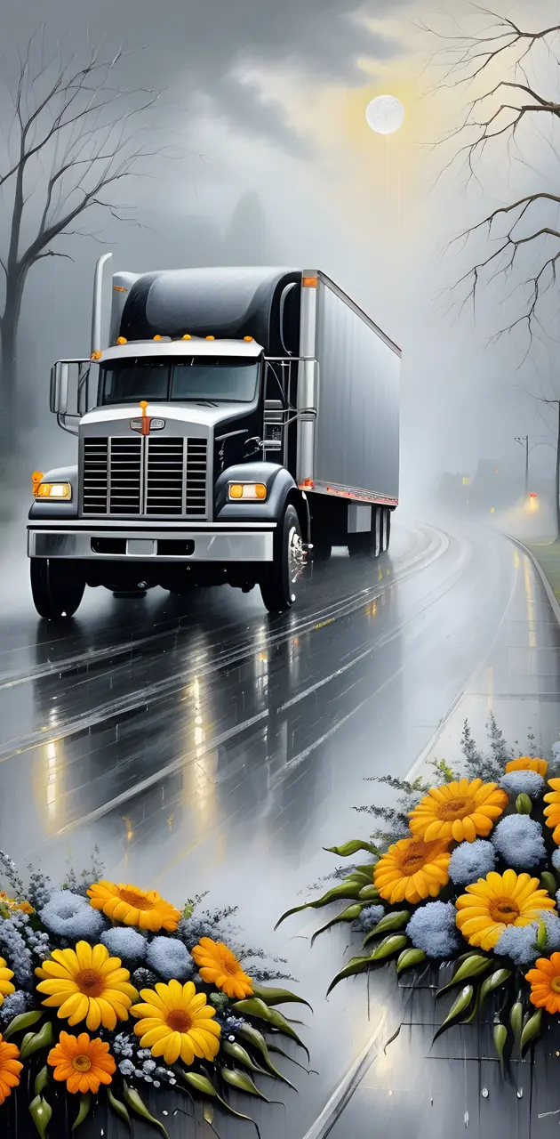 a truck driving down a wet road
