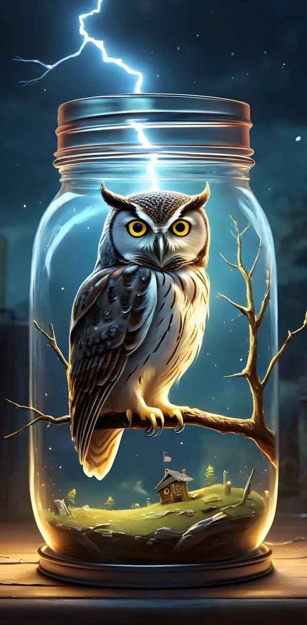 a owl in a glass jar