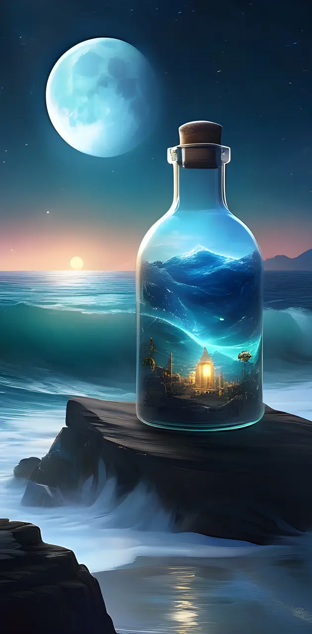 moonlit, ocean, bottle