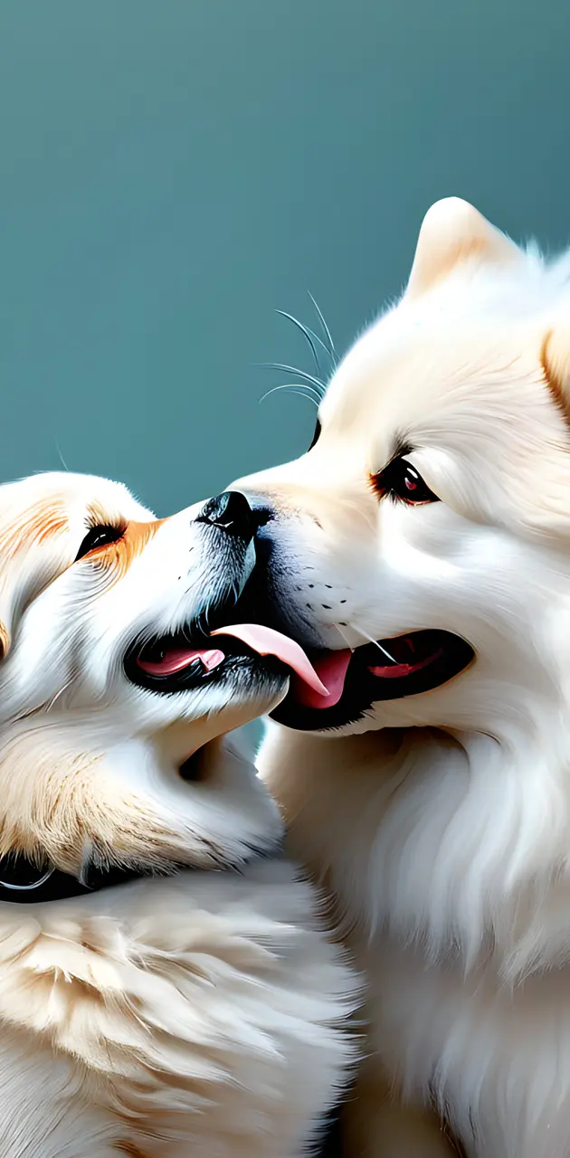 Fluffy dogs kissing