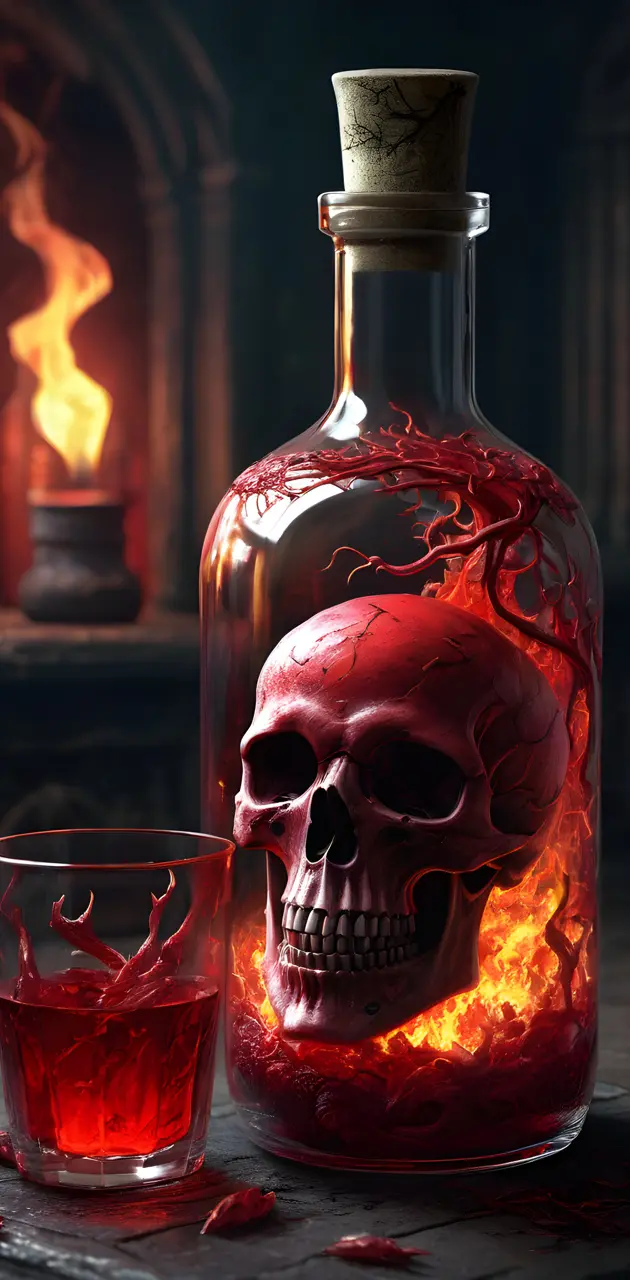 a glass bottle with a skull and a candle in it