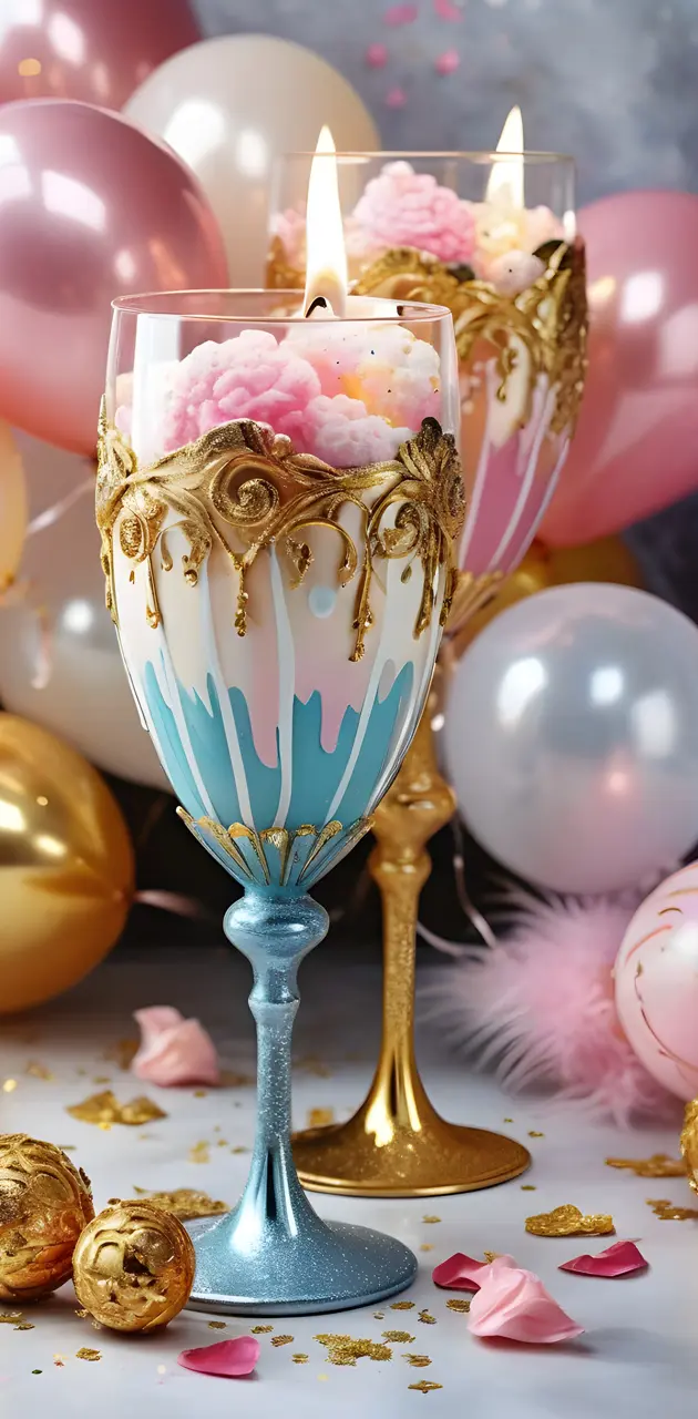 a candle in a glass with balloons