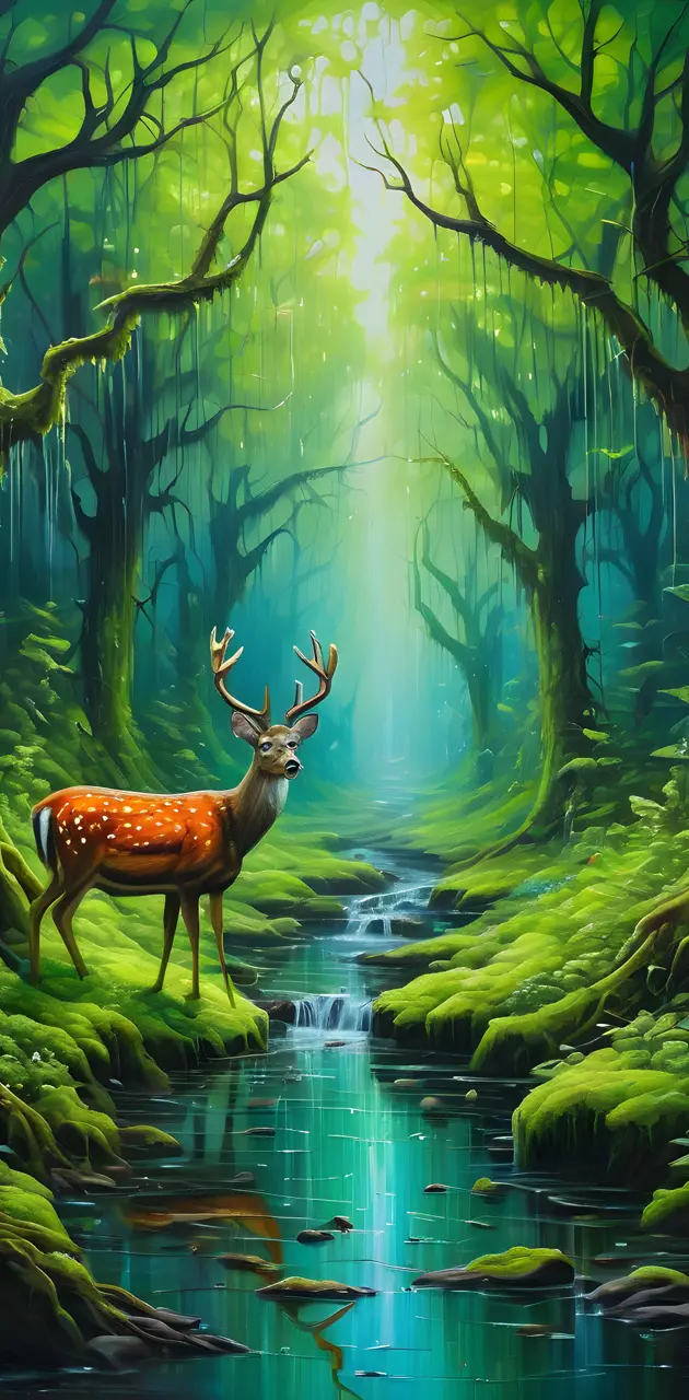 a deer in a forest neon