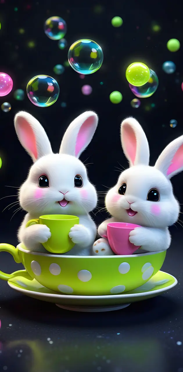 a couple of bunnies in a teacup with colorful lights in the background