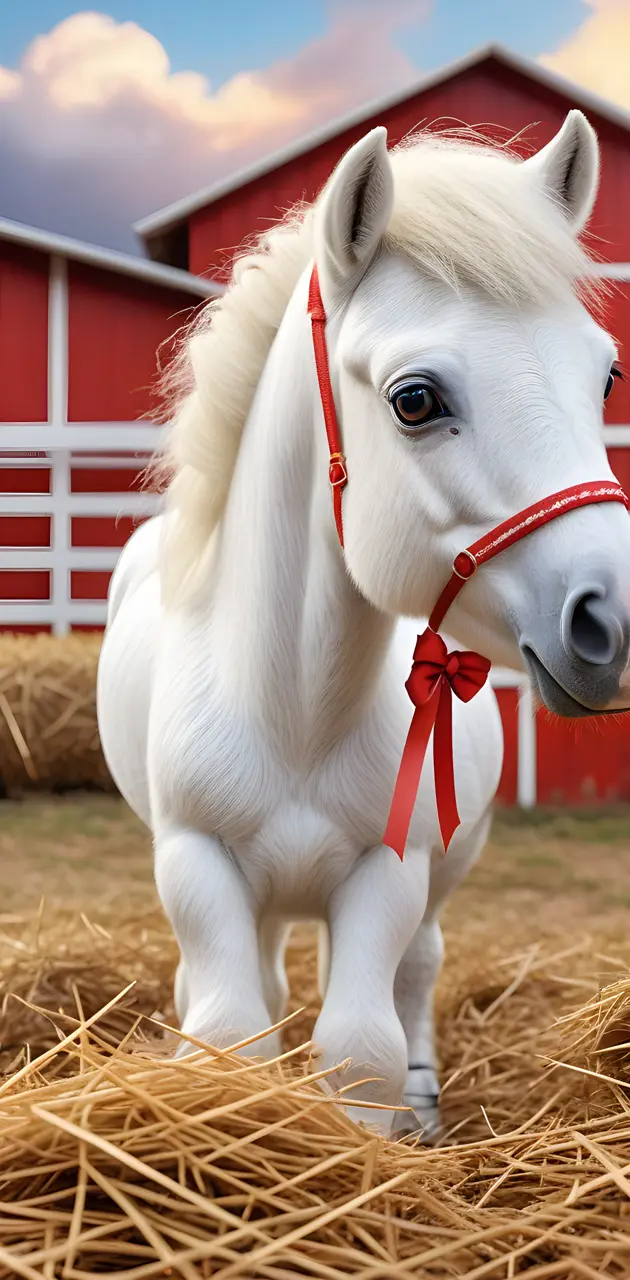a white horse with a red harness