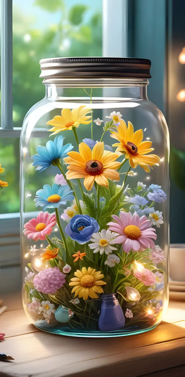 beautiful summer flowers in a jar with twinkle lights