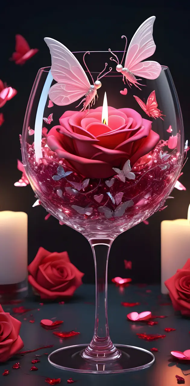 a glass with a drink in it with flowers on the side