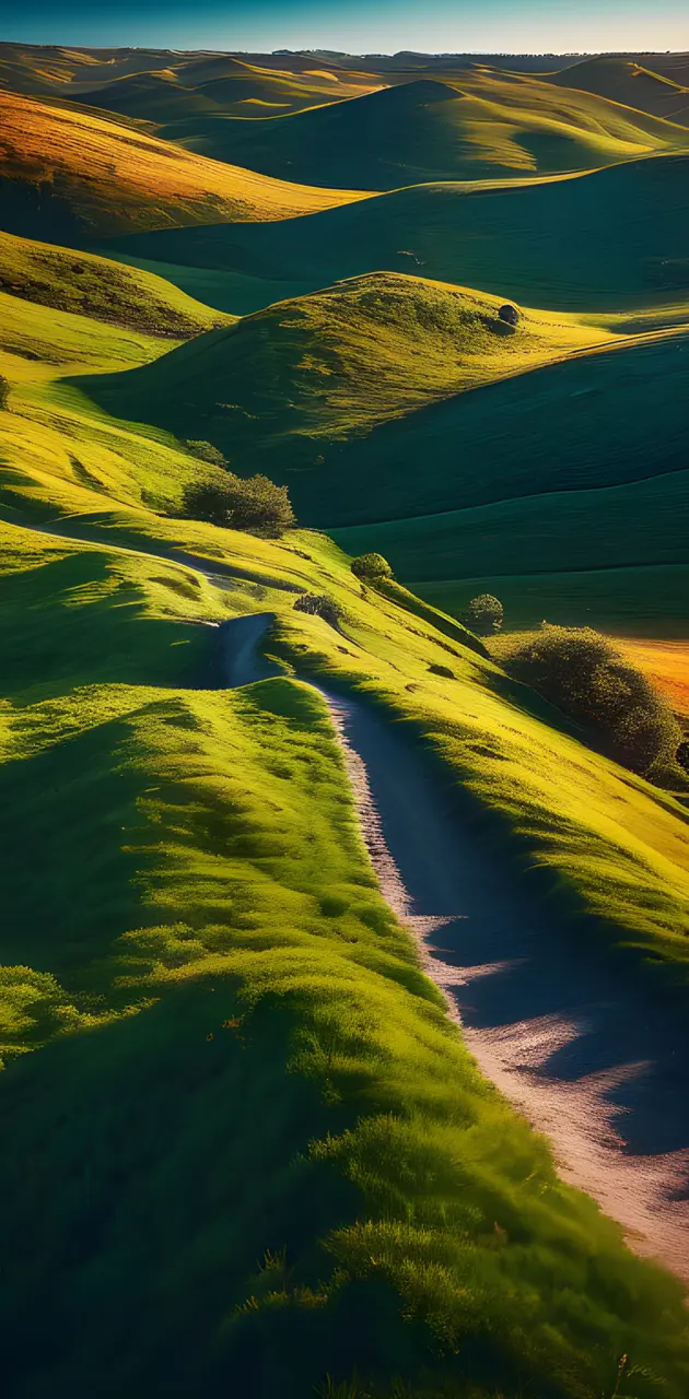 a grassy valley with hills