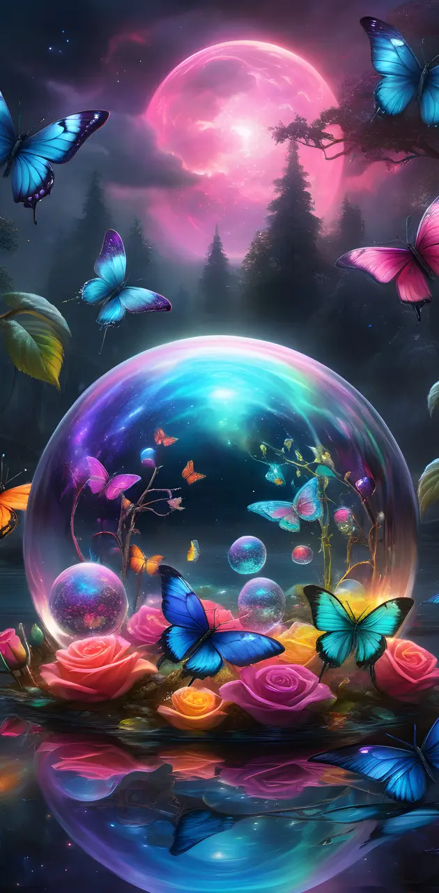 crystal ball in a forest with beautiful butterfly's