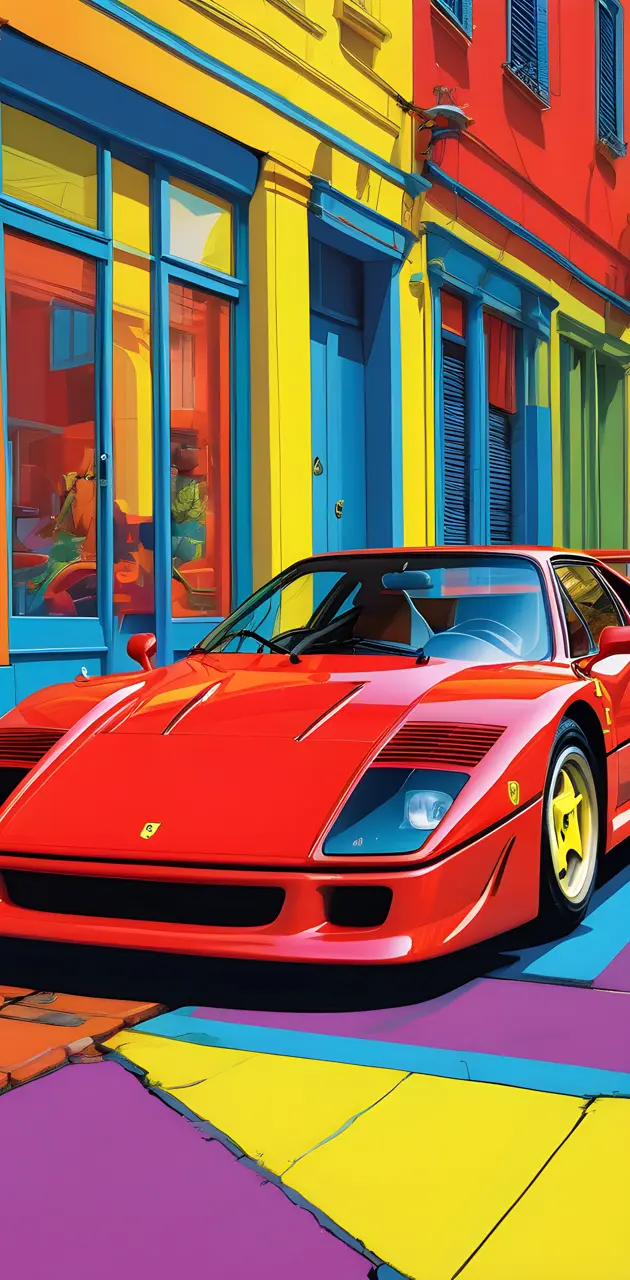 ferrari f40 parked in front of a colorful building