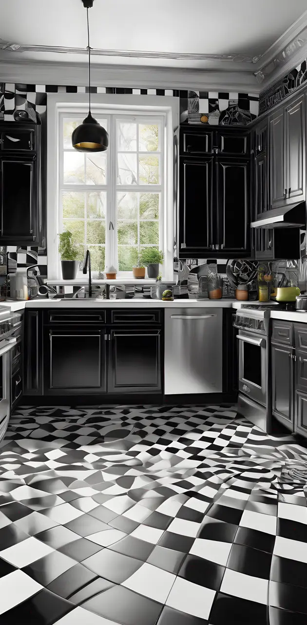 a kitchen with black and white tiles