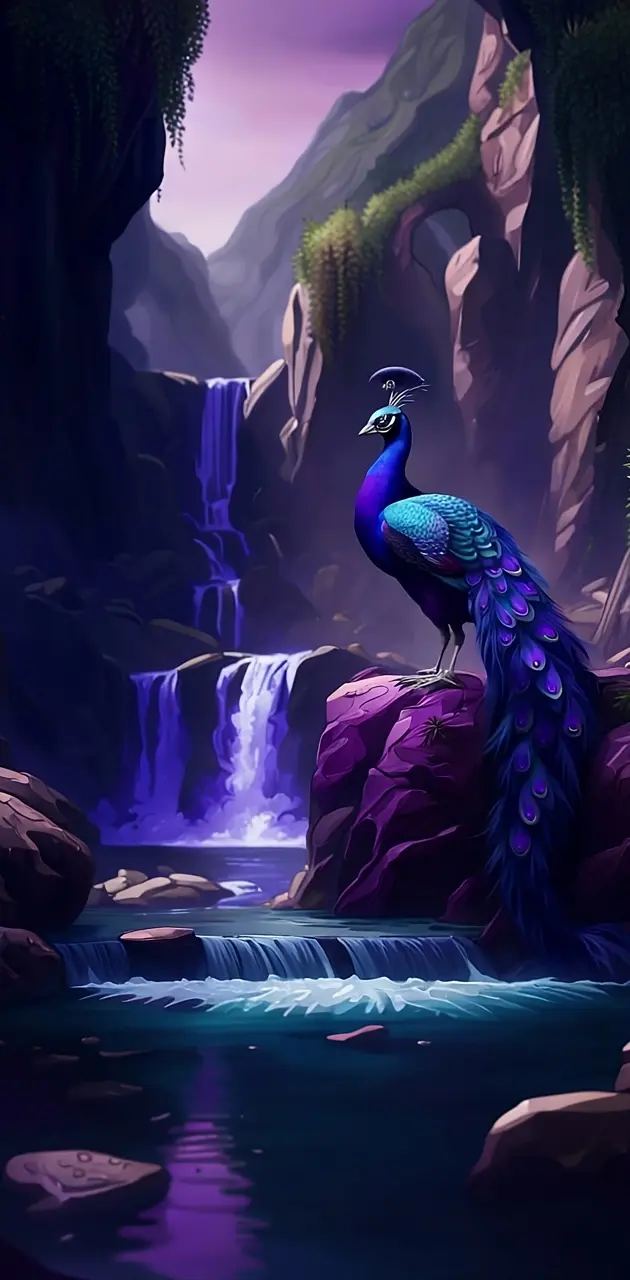 Purple Peacock and Waterfall