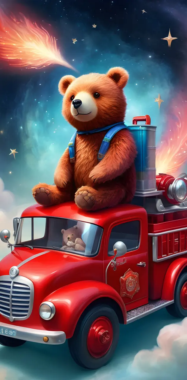 a teddy bear on top of a red truck